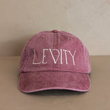 Embroidered Levity Interiors Hat with Leather Strap and Brass Clasp - Burgundy Hat with Cream Thread