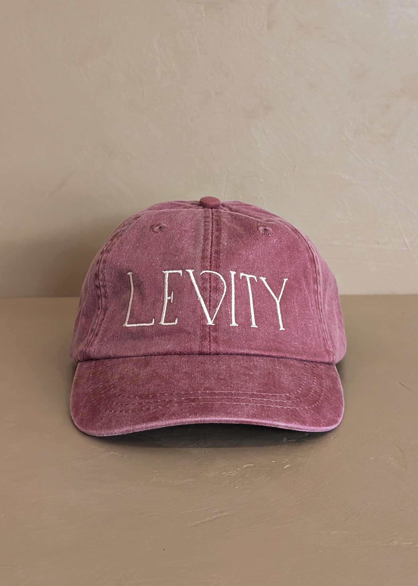 Embroidered Levity Interiors Hat with Leather Strap and Brass Clasp - Burgundy Hat with Cream Thread