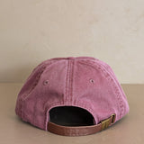 Embroidered Levity Interiors Hat with Leather Strap and Brass Clasp - Burgundy Hat with Cream Thread