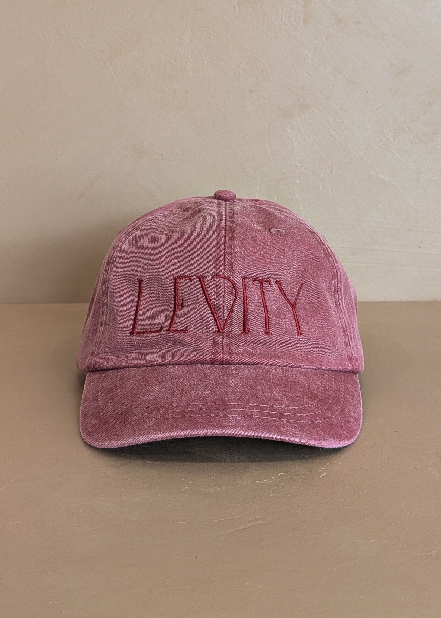 Embroidered Levity Interiors Hat with Leather Strap and Brass Clasp - Burgundy Hat with Burgundy Thread