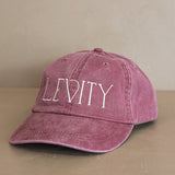 Embroidered Levity Interiors Hat with Leather Strap and Brass Clasp - Burgundy Hat with Cream Thread