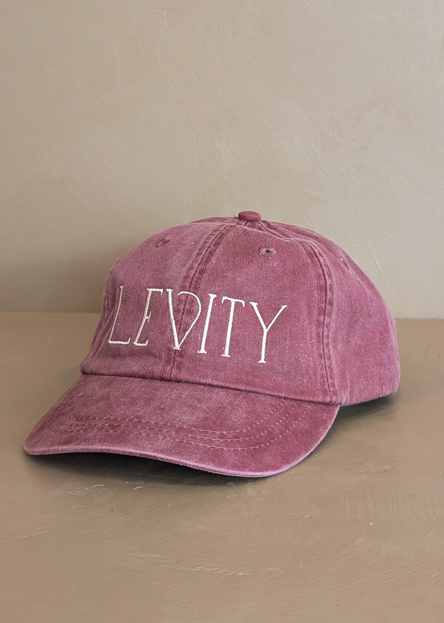 Embroidered Levity Interiors Hat with Leather Strap and Brass Clasp - Burgundy Hat with Cream Thread