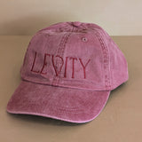 Embroidered Levity Interiors Hat with Leather Strap and Brass Clasp - Burgundy Hat with Burgundy Thread