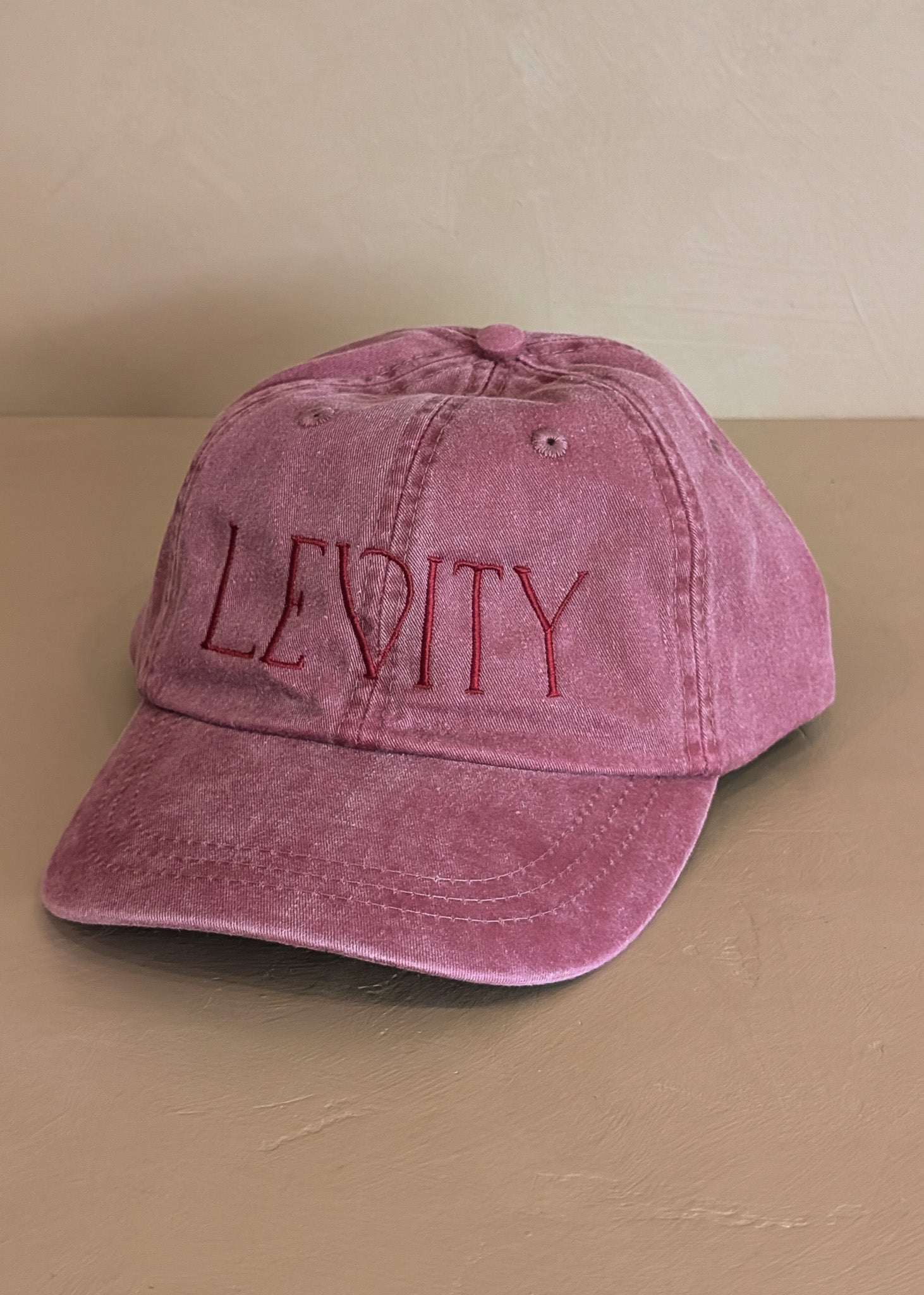 Embroidered Levity Interiors Hat with Leather Strap and Brass Clasp - Burgundy Hat with Burgundy Thread