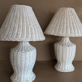 Pair of Vintage White Wicker Table Lamps with Matching Wicker Lampshades