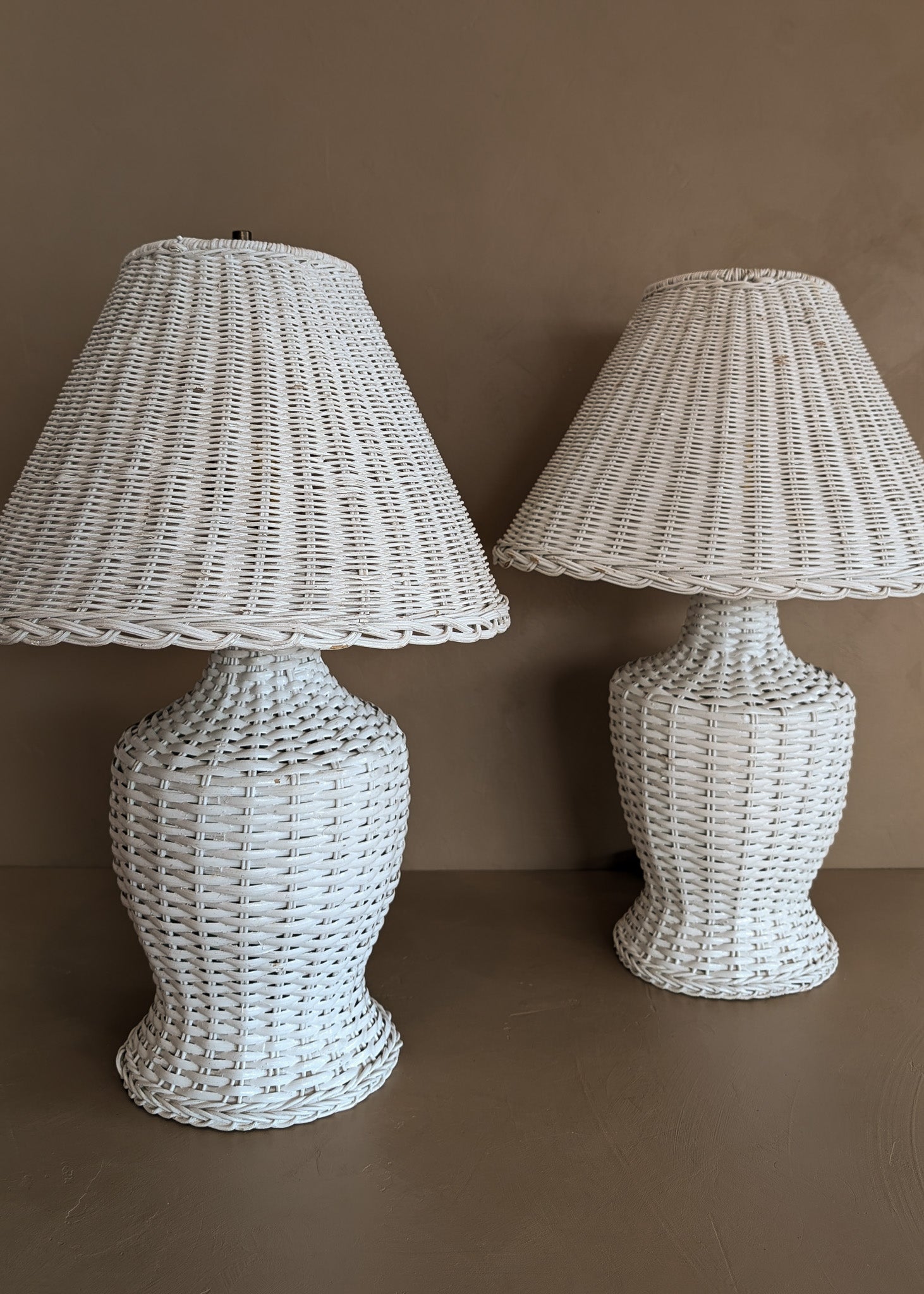 Pair of Vintage White Wicker Table Lamps with Matching Wicker Lampshades