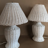 Pair of Vintage White Wicker Table Lamps with Matching Wicker Lampshades