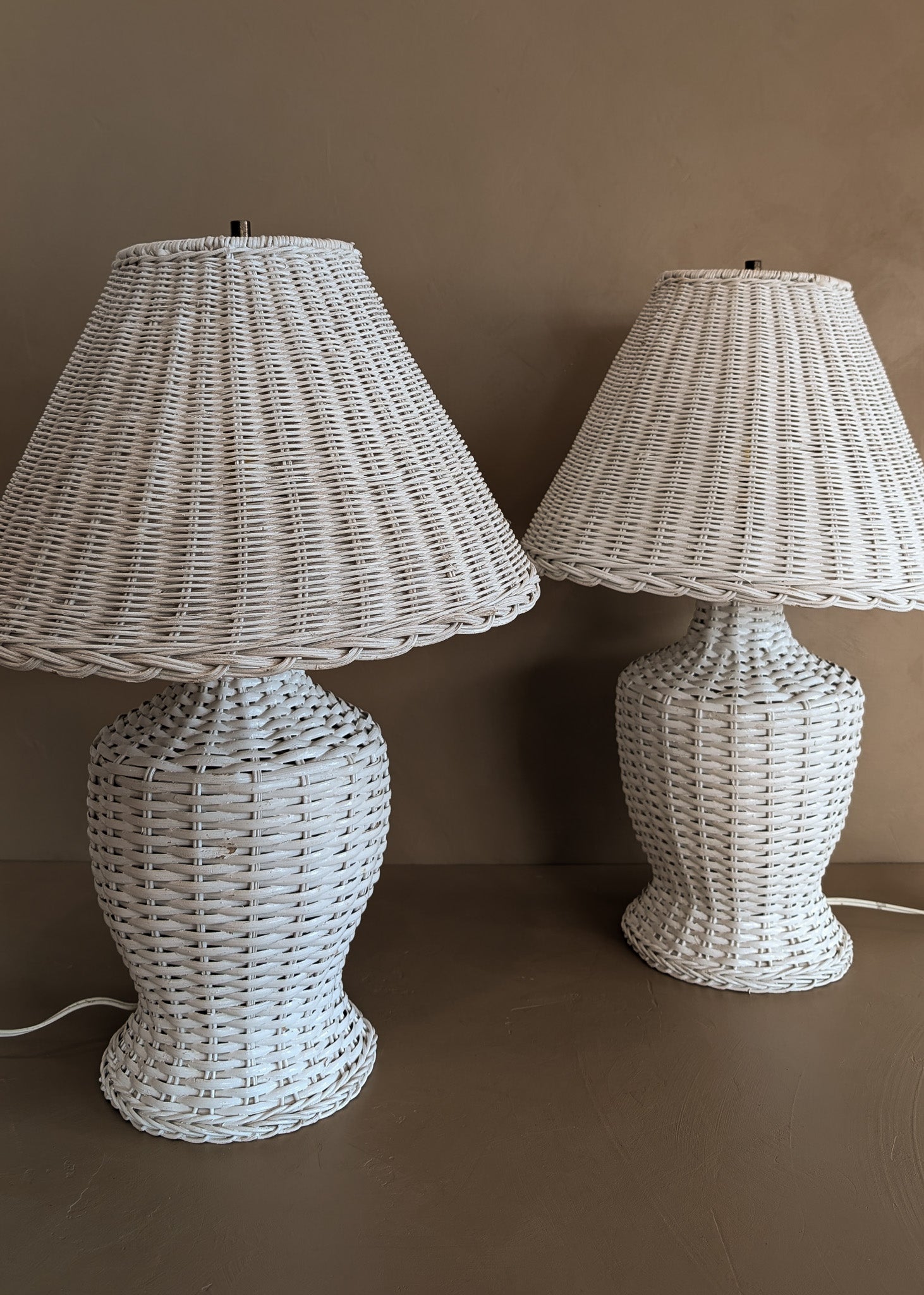 Pair of Vintage White Wicker Table Lamps with Matching Wicker Lampshades