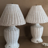 Pair of Vintage White Wicker Table Lamps with Matching Wicker Lampshades