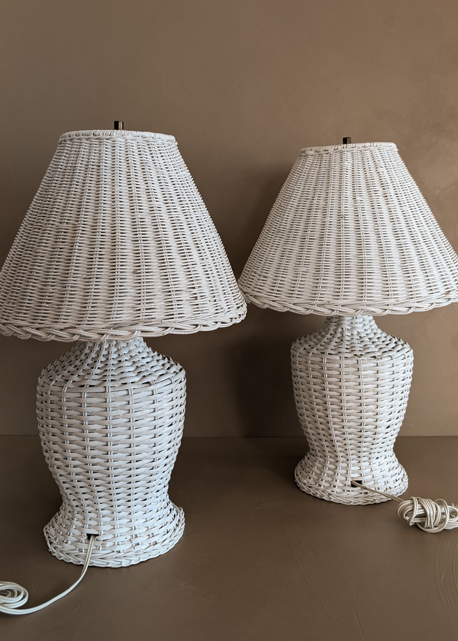 Pair of Vintage White Wicker Table Lamps with Matching Wicker Lampshades