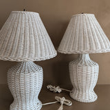 Pair of Vintage White Wicker Table Lamps with Matching Wicker Lampshades