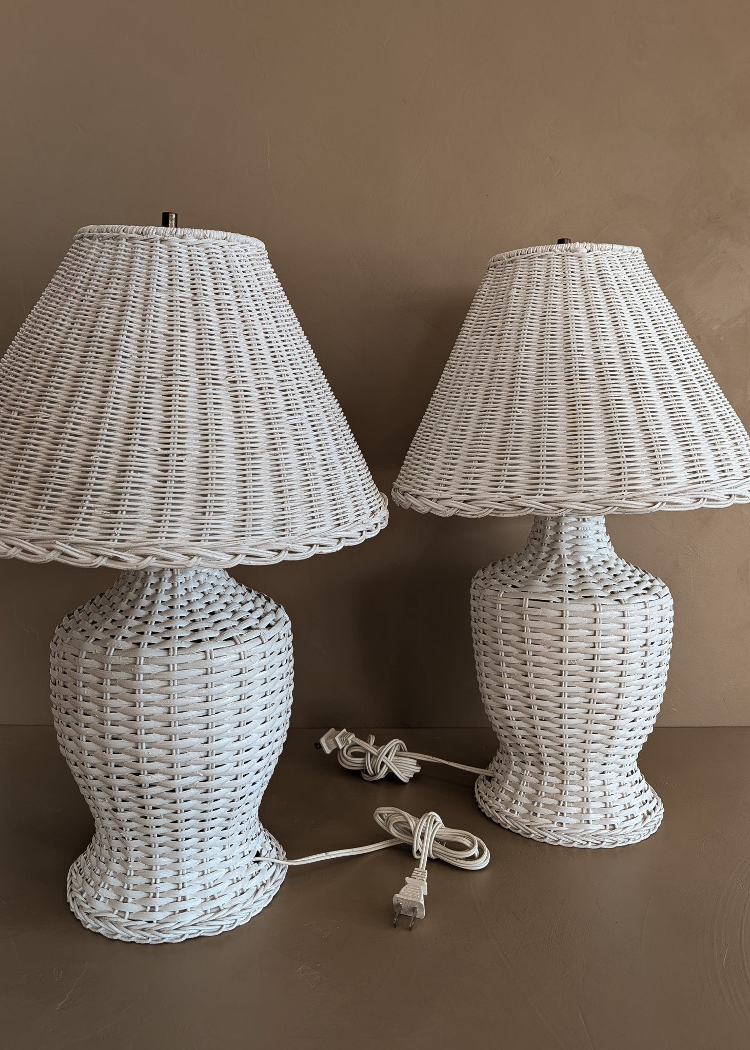 Pair of Vintage White Wicker Table Lamps with Matching Wicker Lampshades