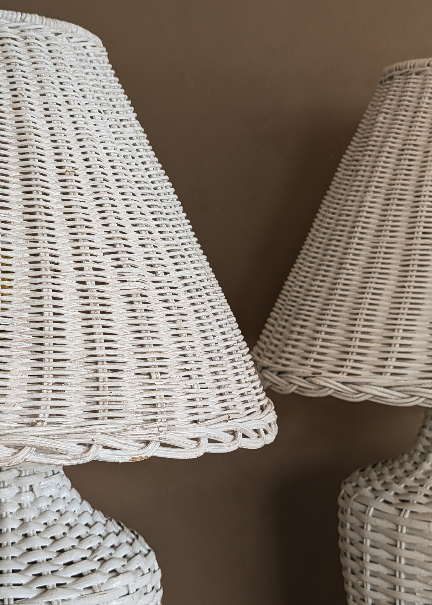 Pair of Vintage White Wicker Table Lamps with Matching Wicker Lampshades