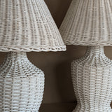 Pair of Vintage White Wicker Table Lamps with Matching Wicker Lampshades