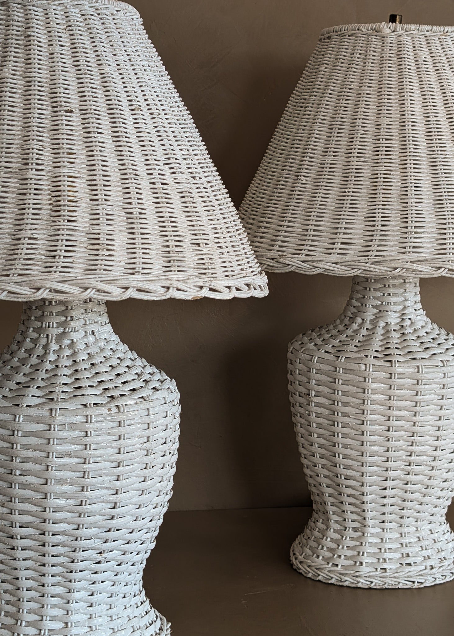 Pair of Vintage White Wicker Table Lamps with Matching Wicker Lampshades