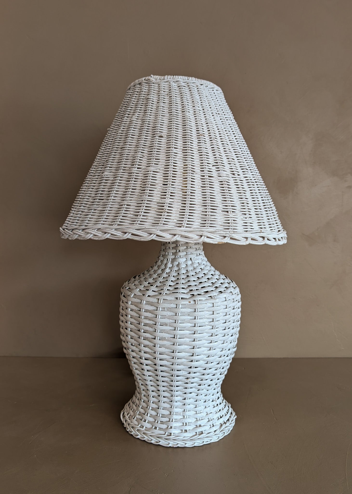 Pair of Vintage White Wicker Table Lamps with Matching Wicker Lampshades