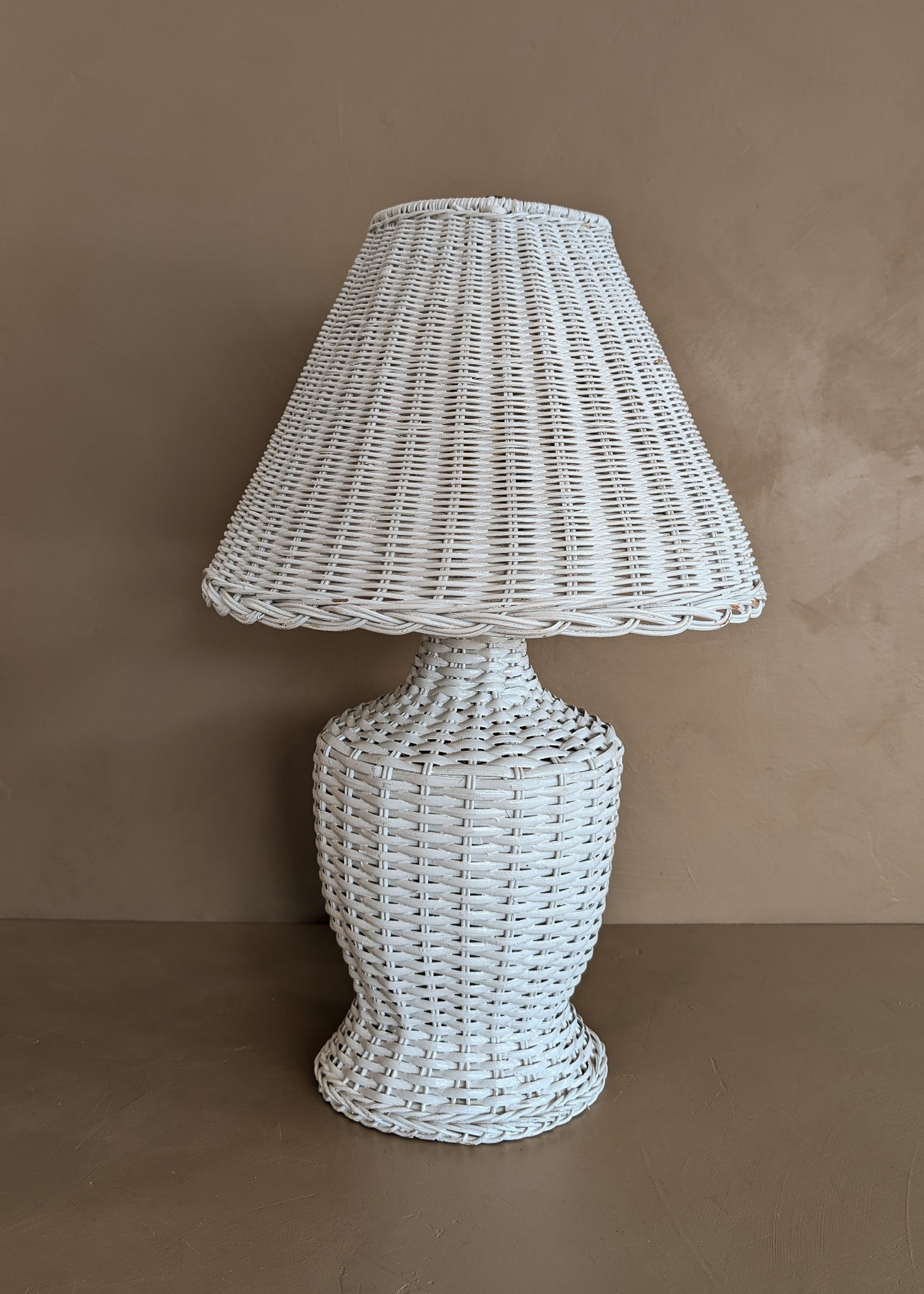 Pair of Vintage White Wicker Table Lamps with Matching Wicker Lampshades