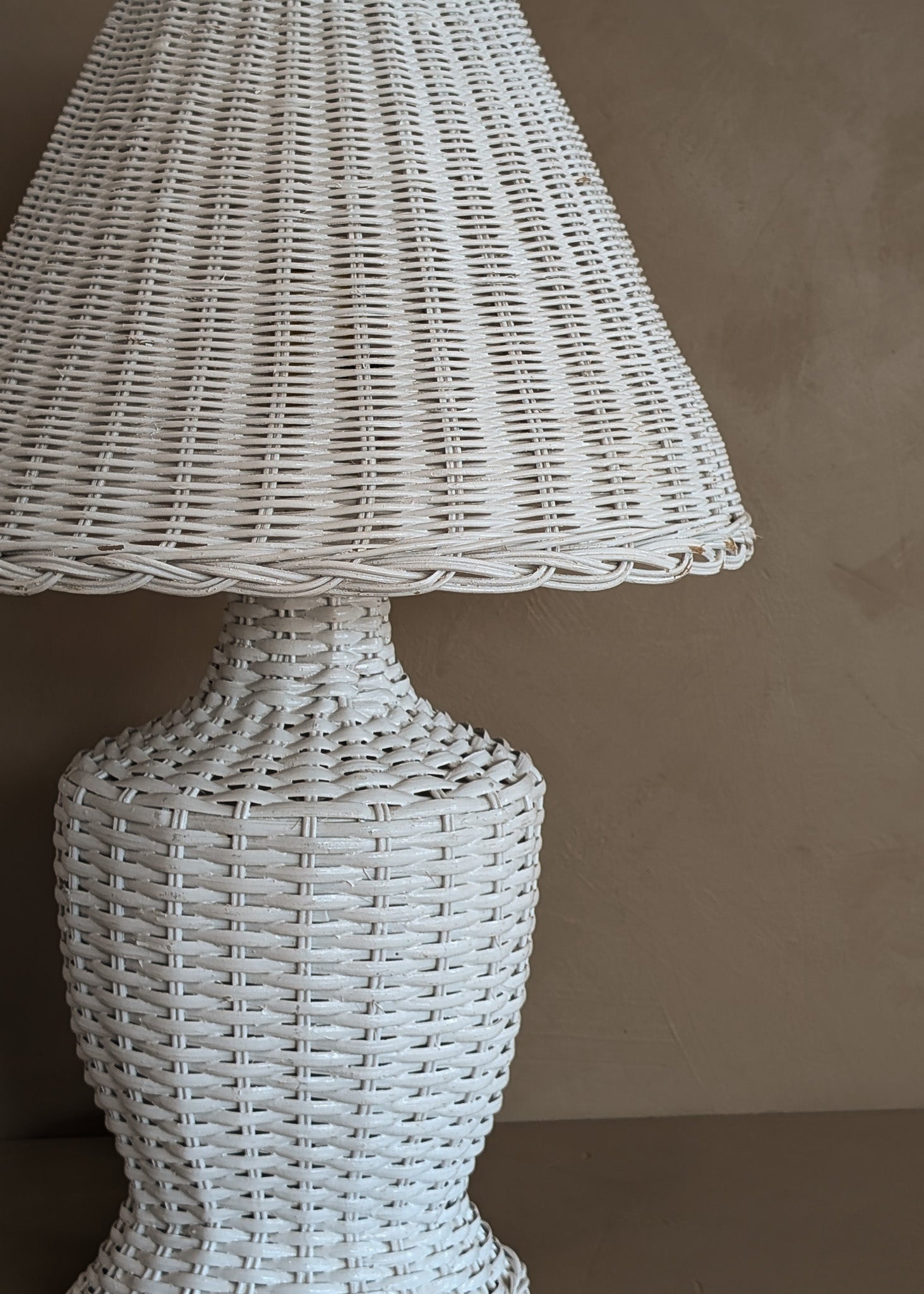 Pair of Vintage White Wicker Table Lamps with Matching Wicker Lampshades