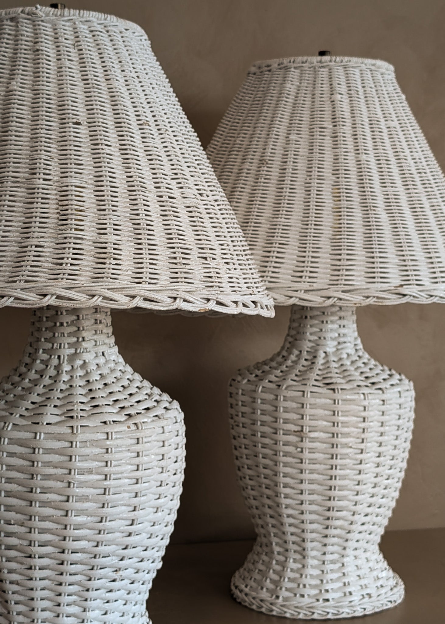 Pair of Vintage White Wicker Table Lamps with Matching Wicker Lampshades