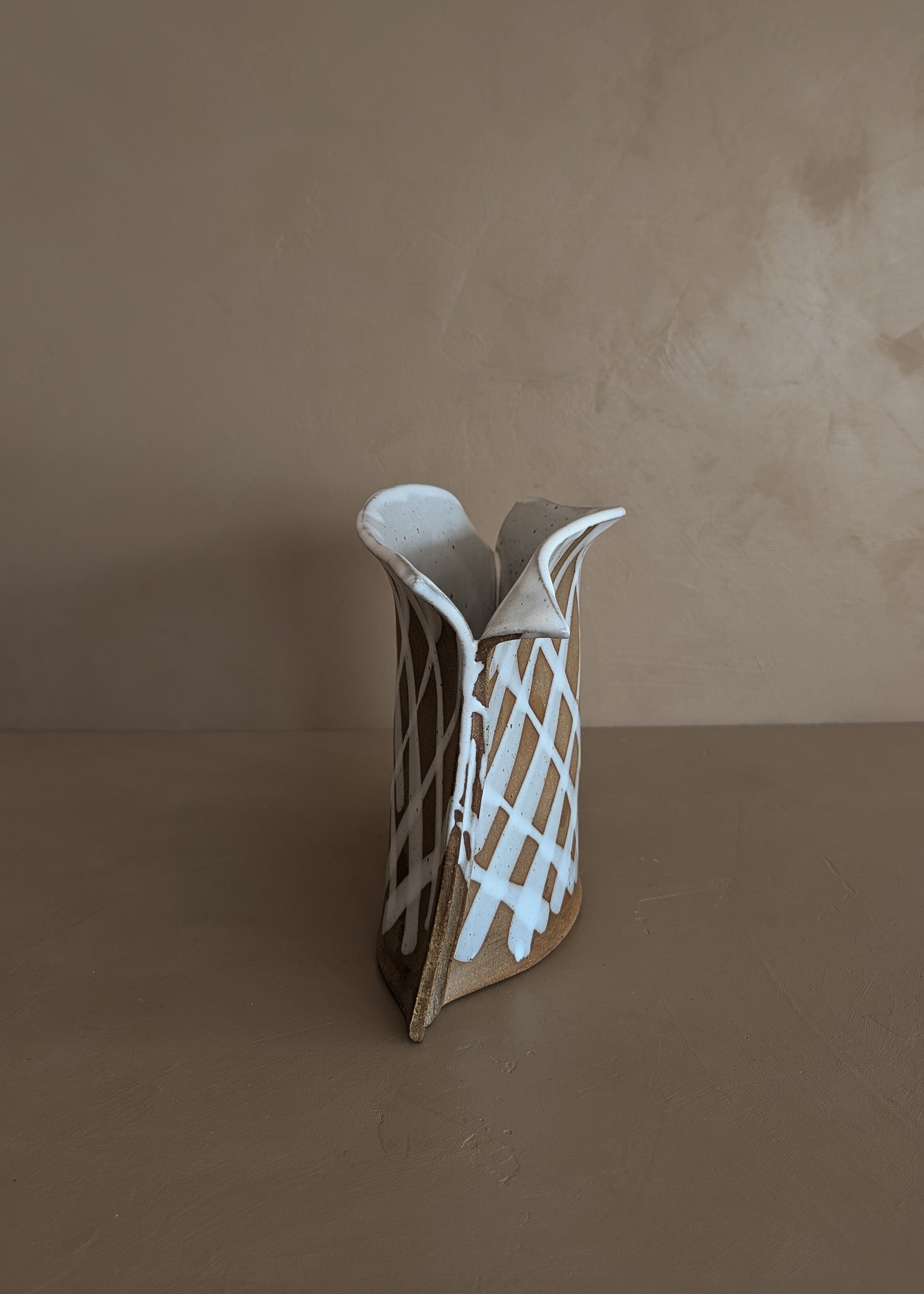 Unique Hand-Built Studio Pottery Vase with Freeform Checkered Detailing