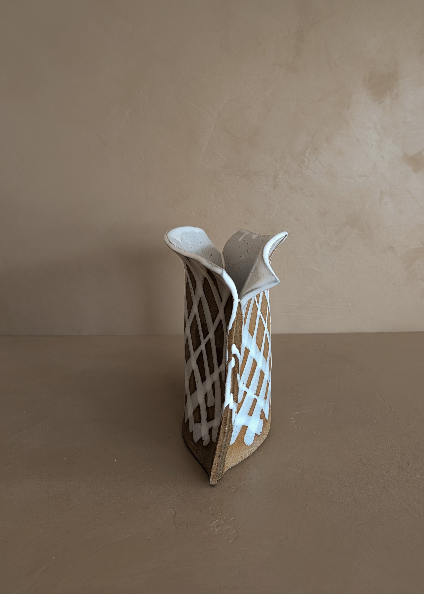 Unique Hand-Built Studio Pottery Vase with Freeform Checkered Detailing