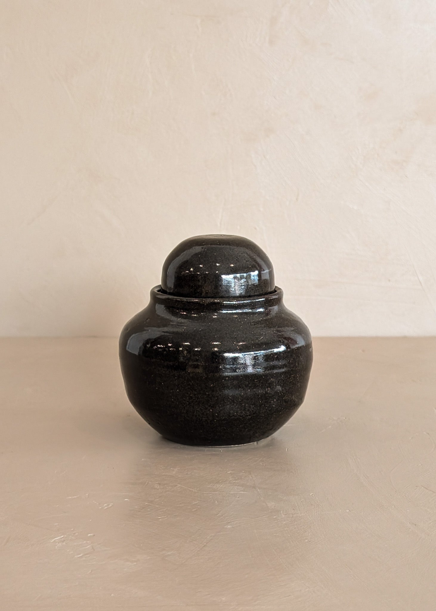 Dark Brown Studio Pottery Small Lidded Vessel with Chunky Lid