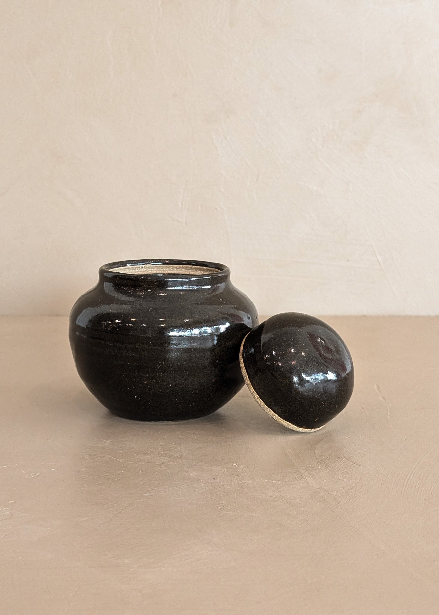 Dark Brown Studio Pottery Small Lidded Vessel with Chunky Lid