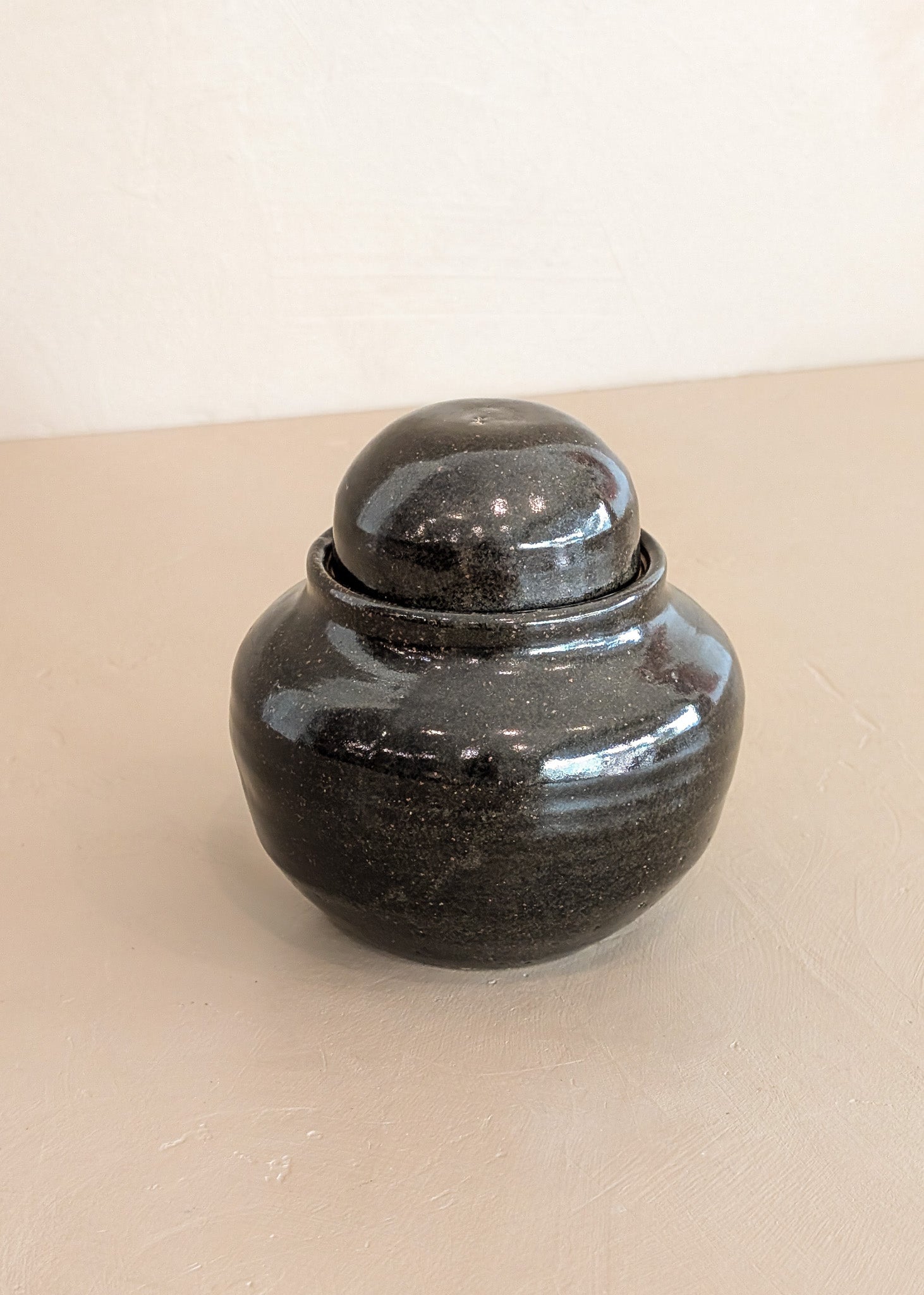 Dark Brown Studio Pottery Small Lidded Vessel with Chunky Lid