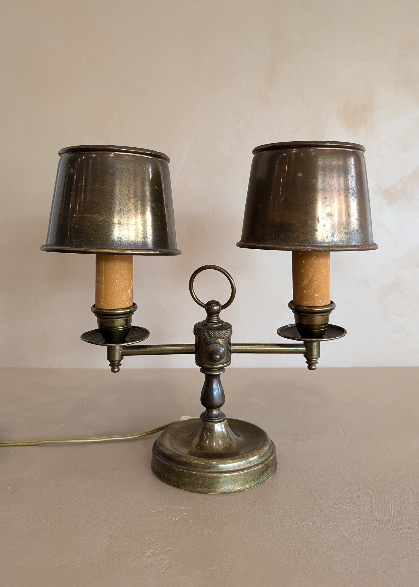 Vintage Bouillotte-Style Brass Lamp with Original Brass Lampshades