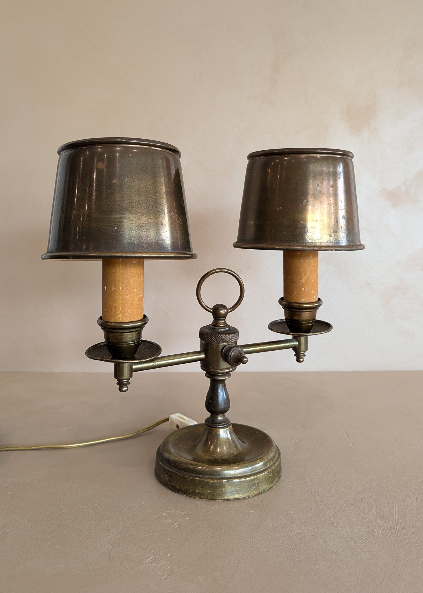 Vintage Bouillotte-Style Brass Lamp with Original Brass Lampshades