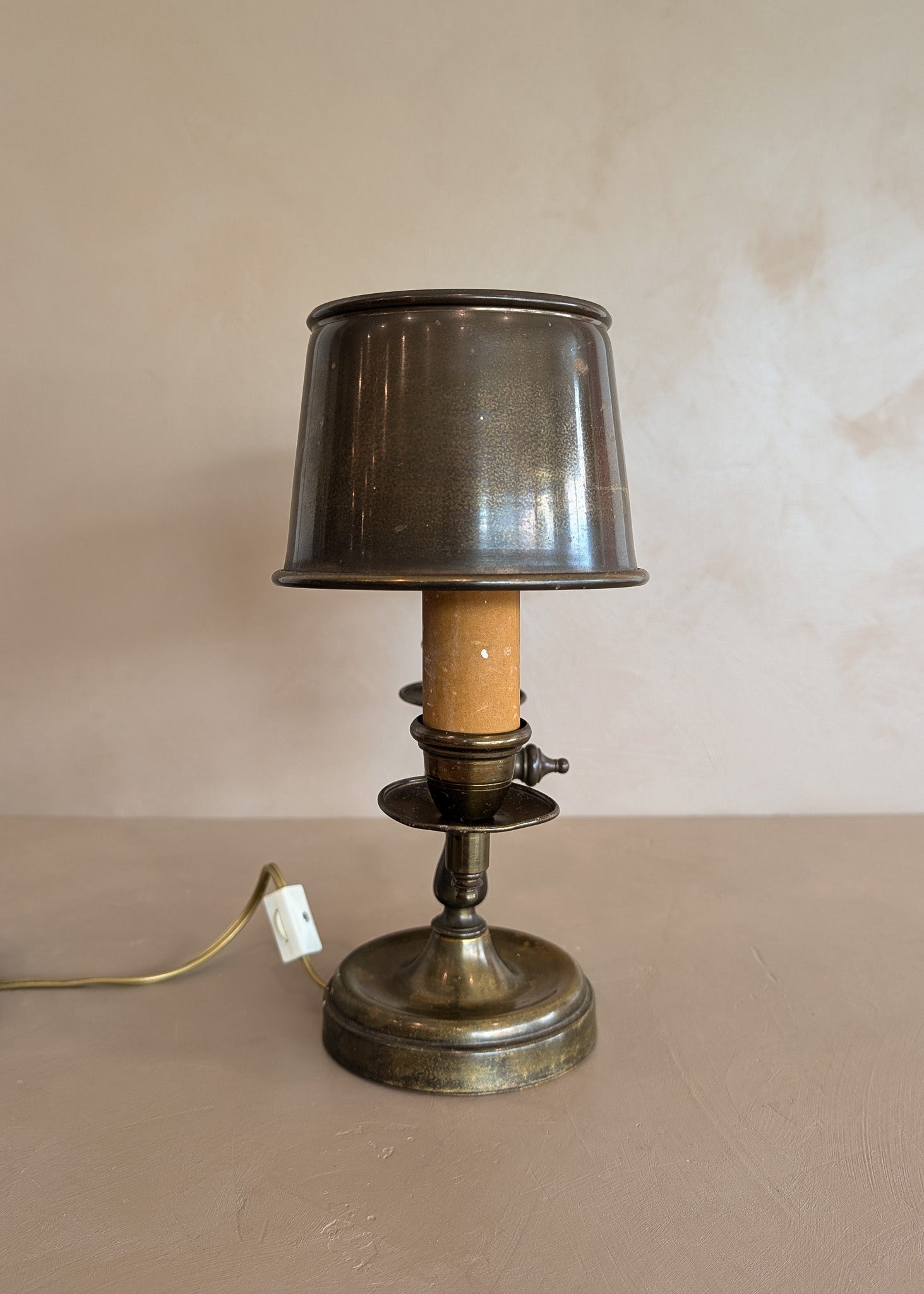 Vintage Bouillotte-Style Brass Lamp with Original Brass Lampshades