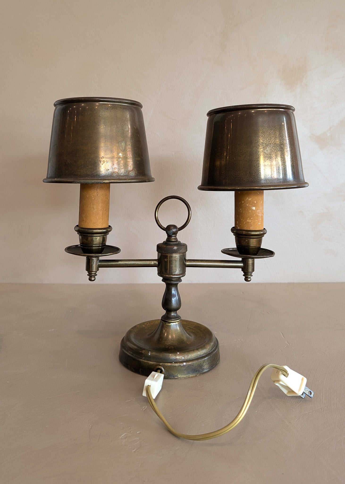 Vintage Bouillotte-Style Brass Lamp with Original Brass Lampshades