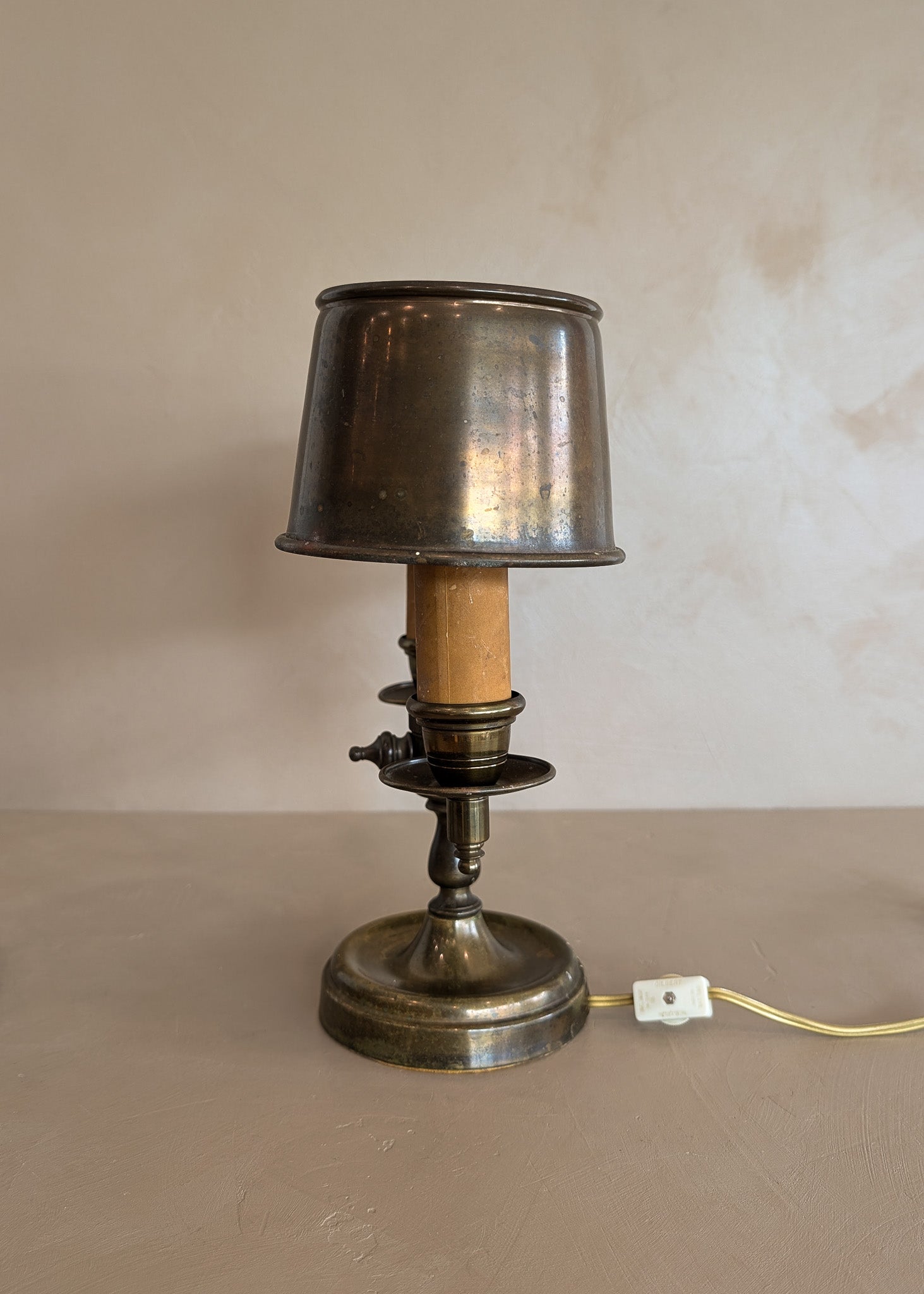 Vintage Bouillotte-Style Brass Lamp with Original Brass Lampshades