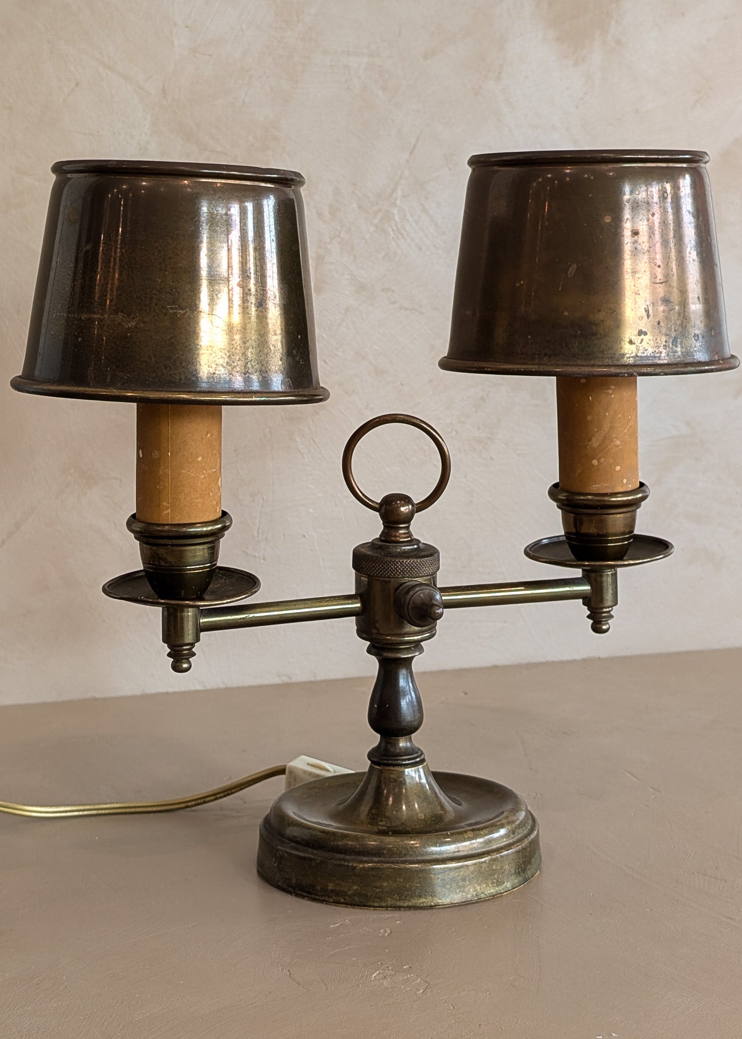 Vintage Bouillotte-Style Brass Lamp with Original Brass Lampshades