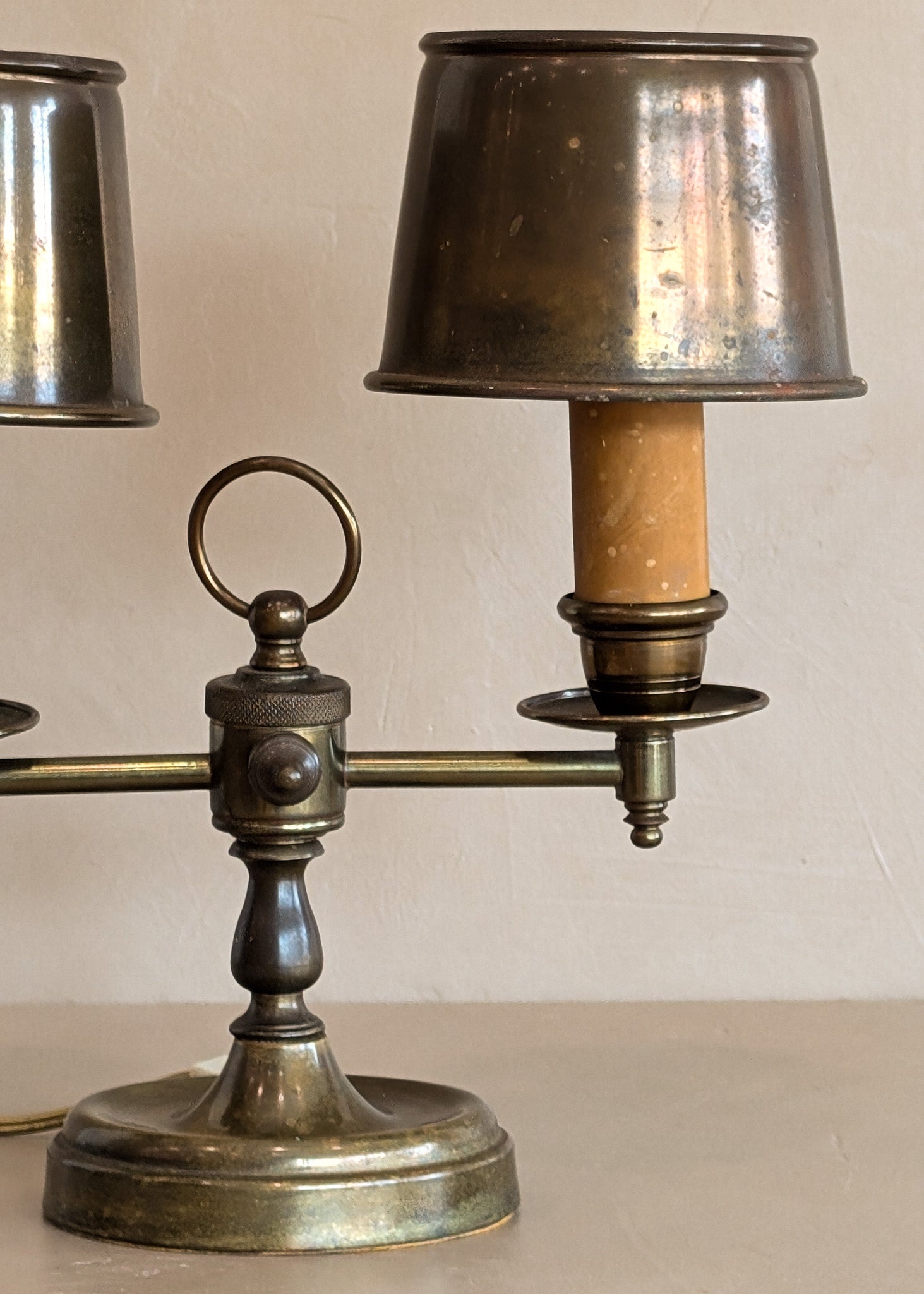 Vintage Bouillotte-Style Brass Lamp with Original Brass Lampshades