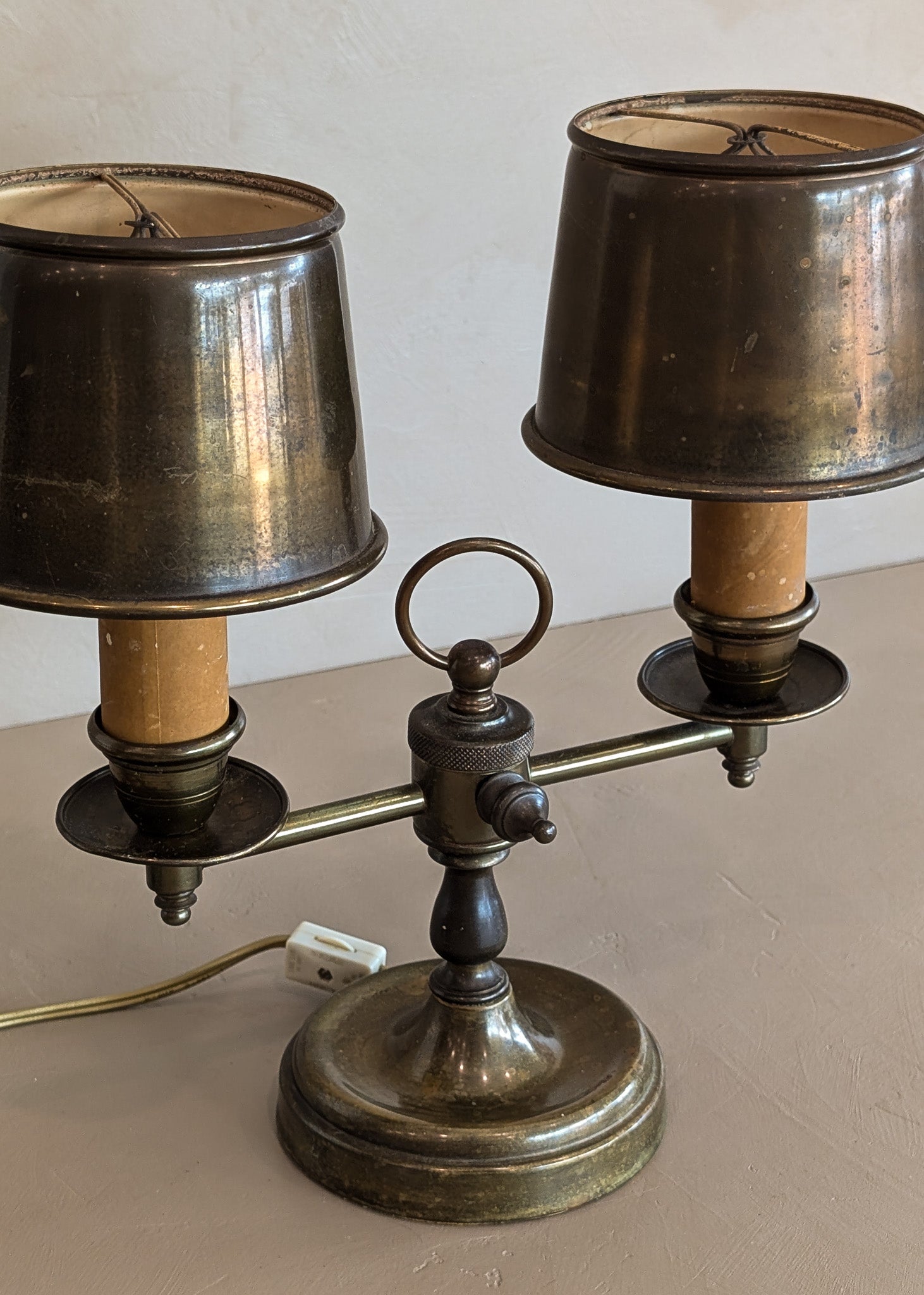 Vintage Bouillotte-Style Brass Lamp with Original Brass Lampshades