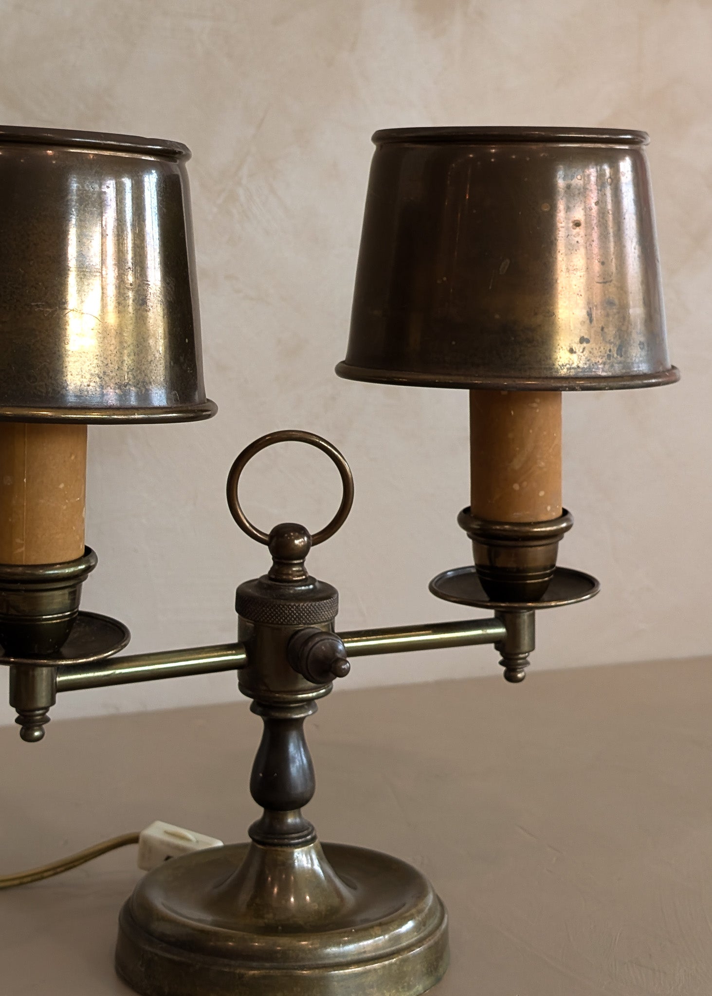 Vintage Bouillotte-Style Brass Lamp with Original Brass Lampshades