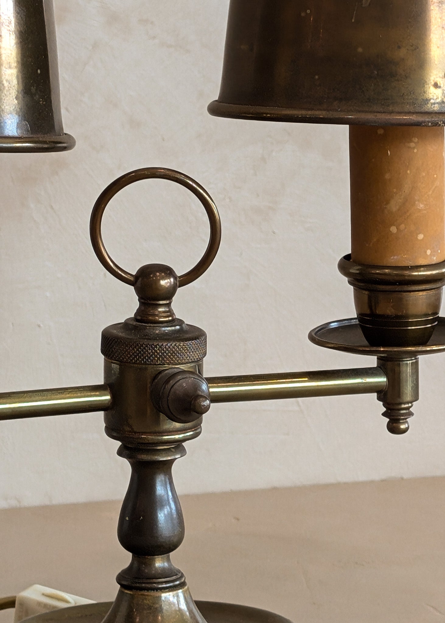 Vintage Bouillotte-Style Brass Lamp with Original Brass Lampshades