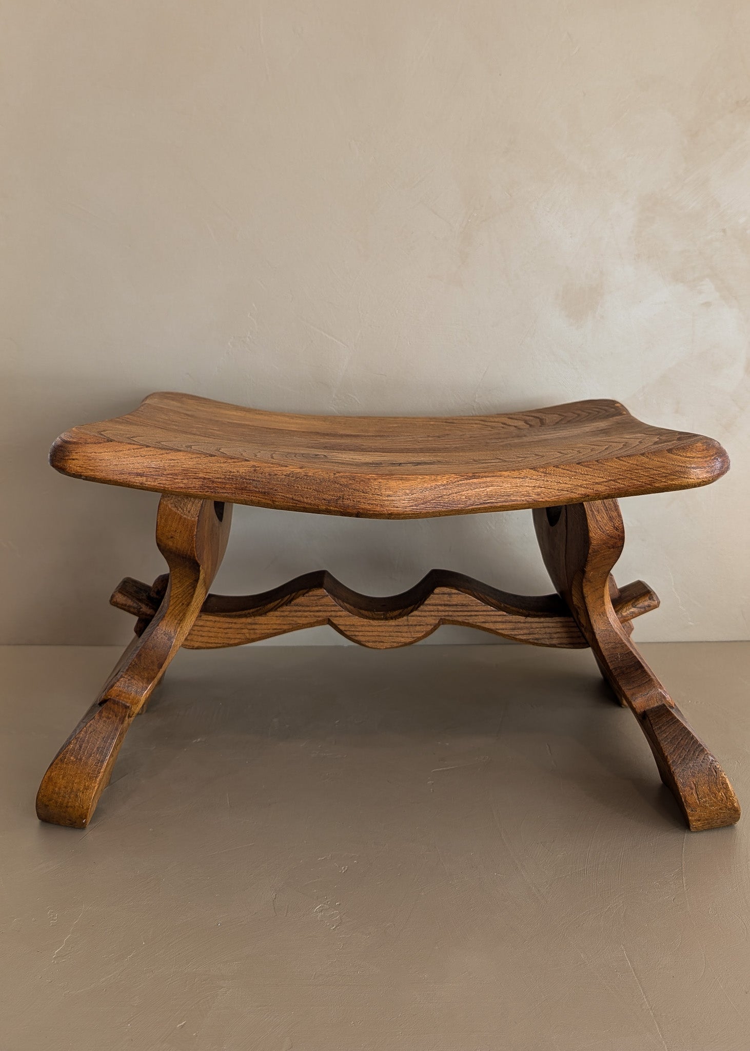 Unique Vintage Hand-carved Wooden Oak Ottoman/Stool with Scroll Detailing