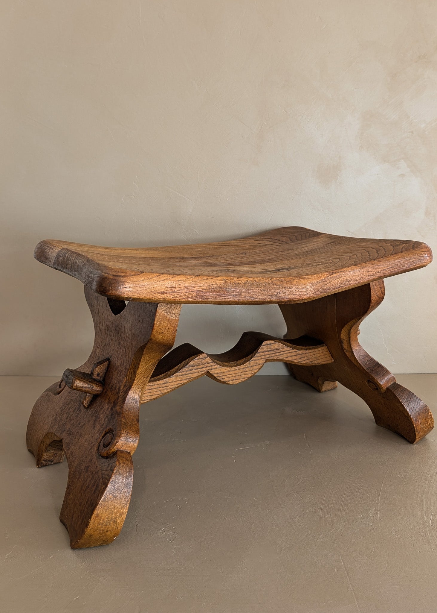 Unique Vintage Hand-carved Wooden Oak Ottoman/Stool with Scroll Detailing