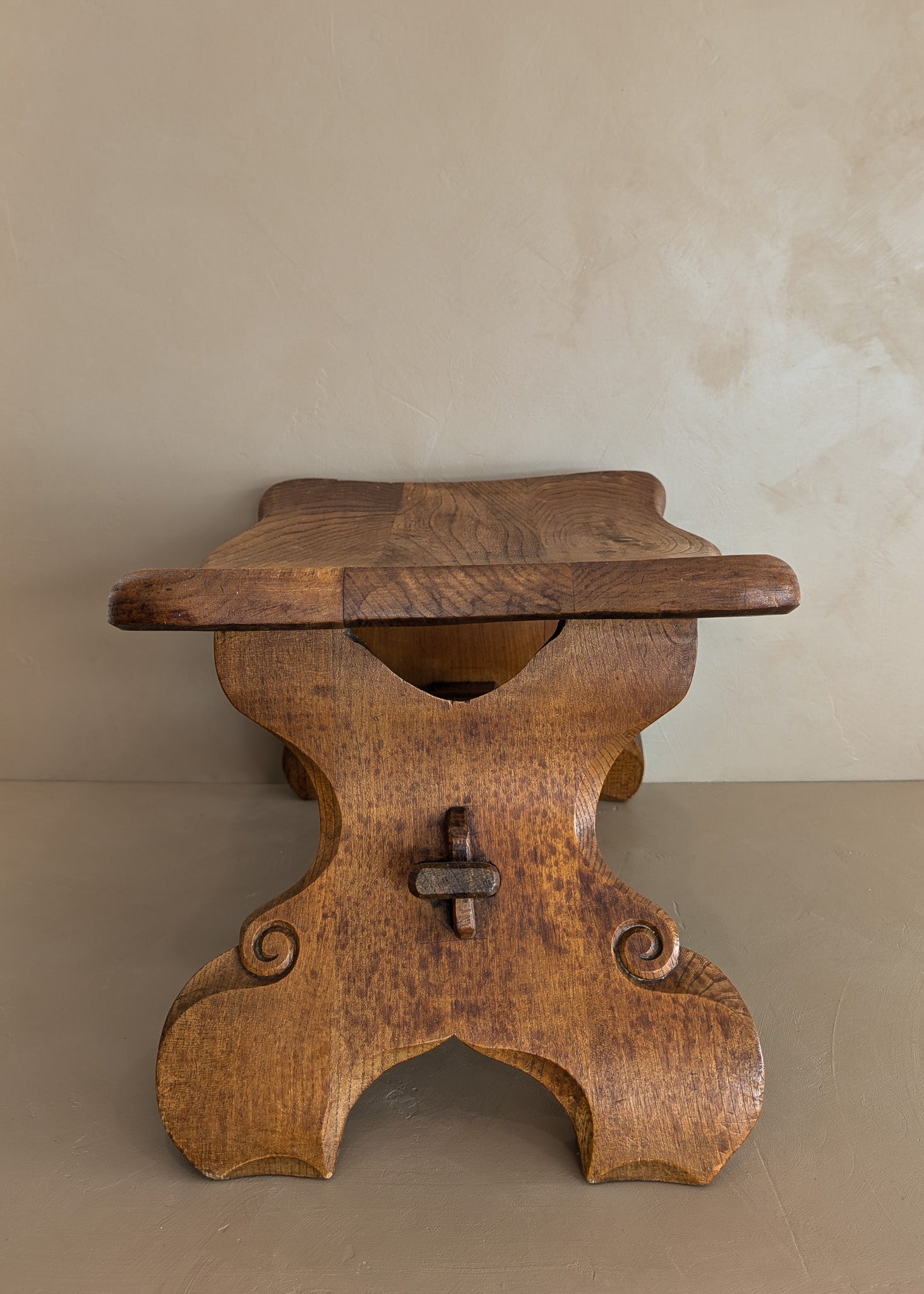 Unique Vintage Hand-carved Wooden Oak Ottoman/Stool with Scroll Detailing