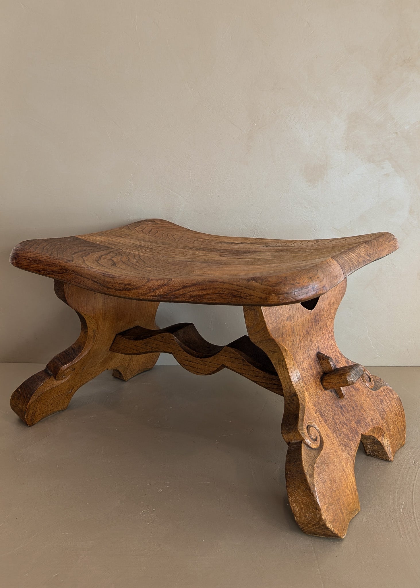 Unique Vintage Hand-carved Wooden Oak Ottoman/Stool with Scroll Detailing