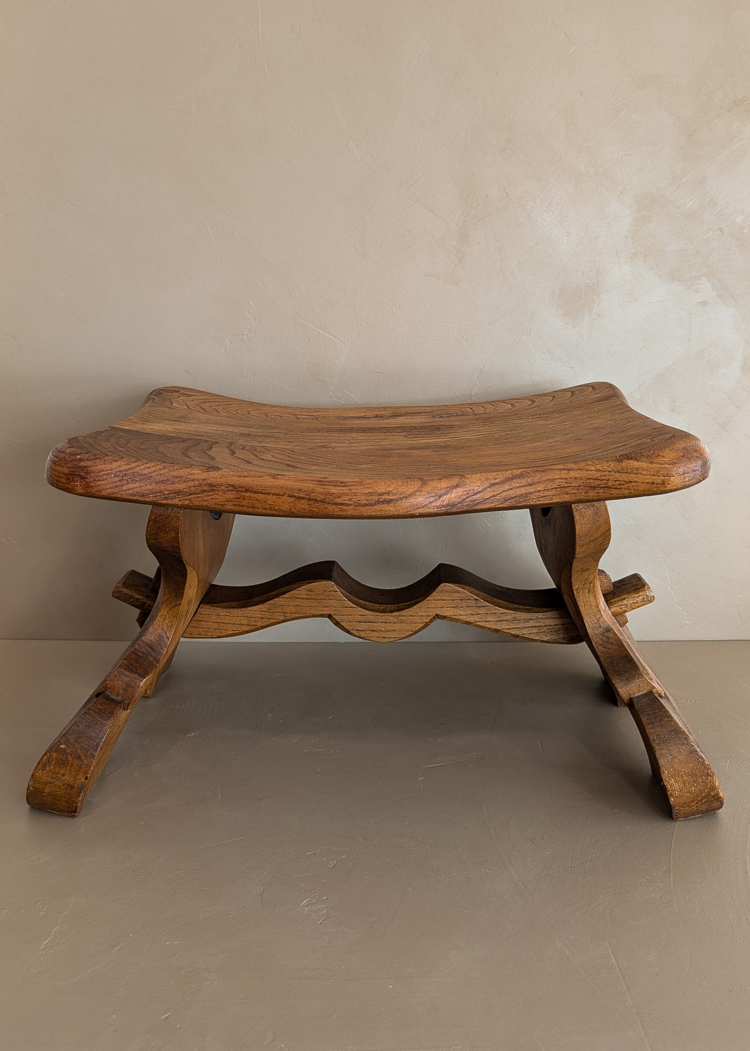 Unique Vintage Hand-carved Wooden Oak Ottoman/Stool with Scroll Detailing