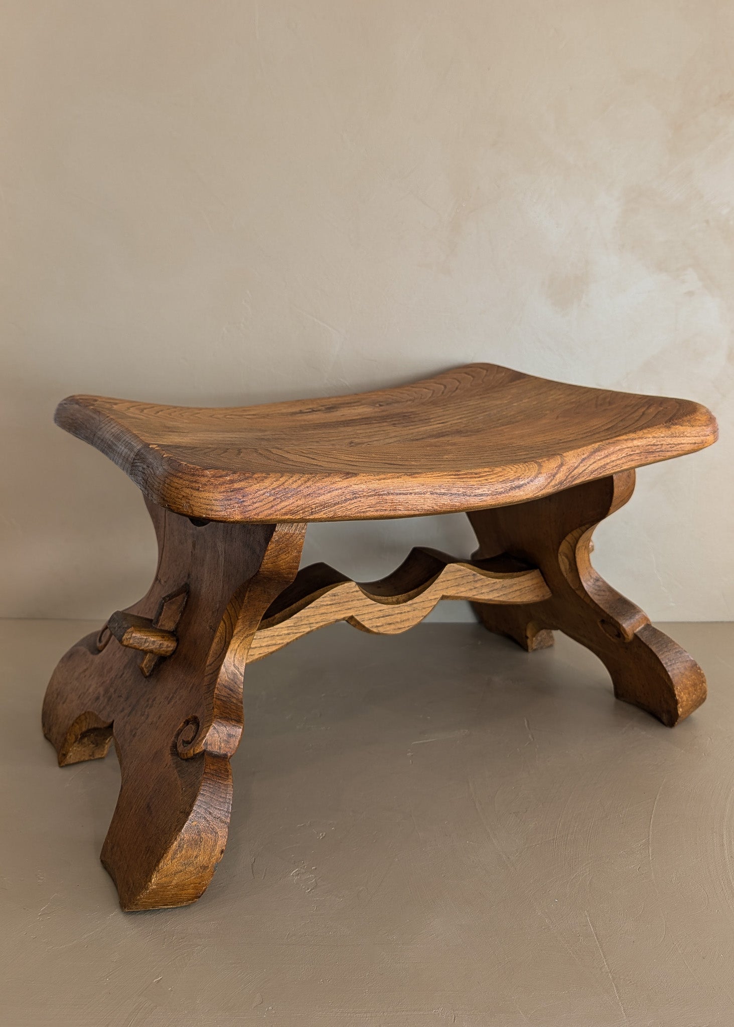 Unique Vintage Hand-carved Wooden Oak Ottoman/Stool with Scroll Detailing