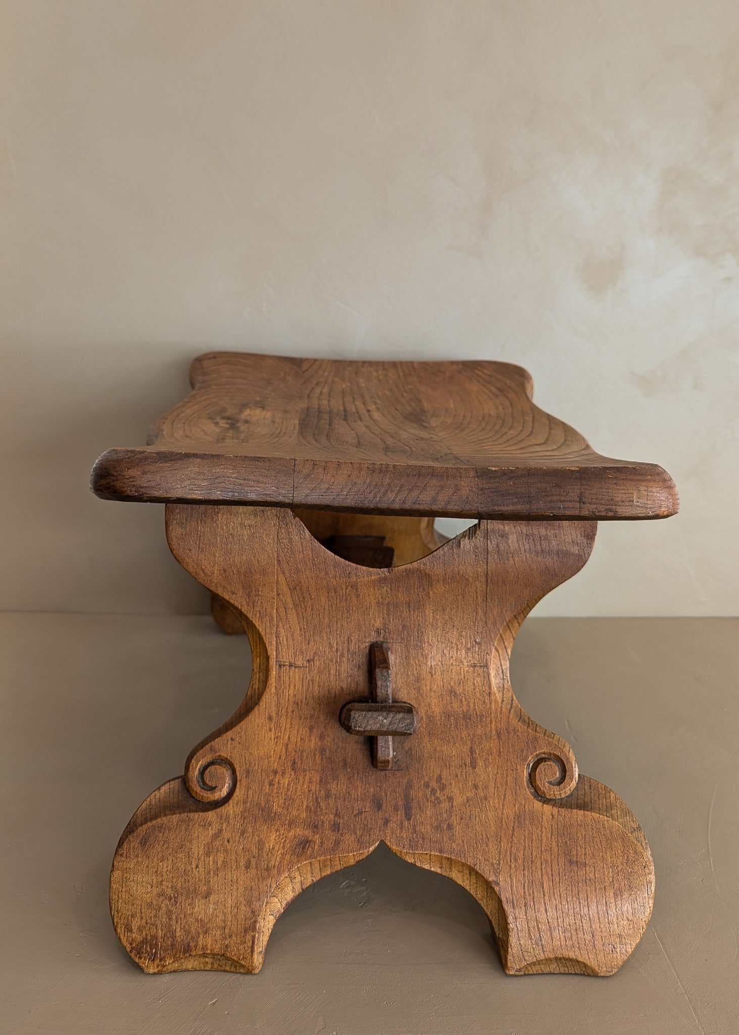 Unique Vintage Hand-carved Wooden Oak Ottoman/Stool with Scroll Detailing