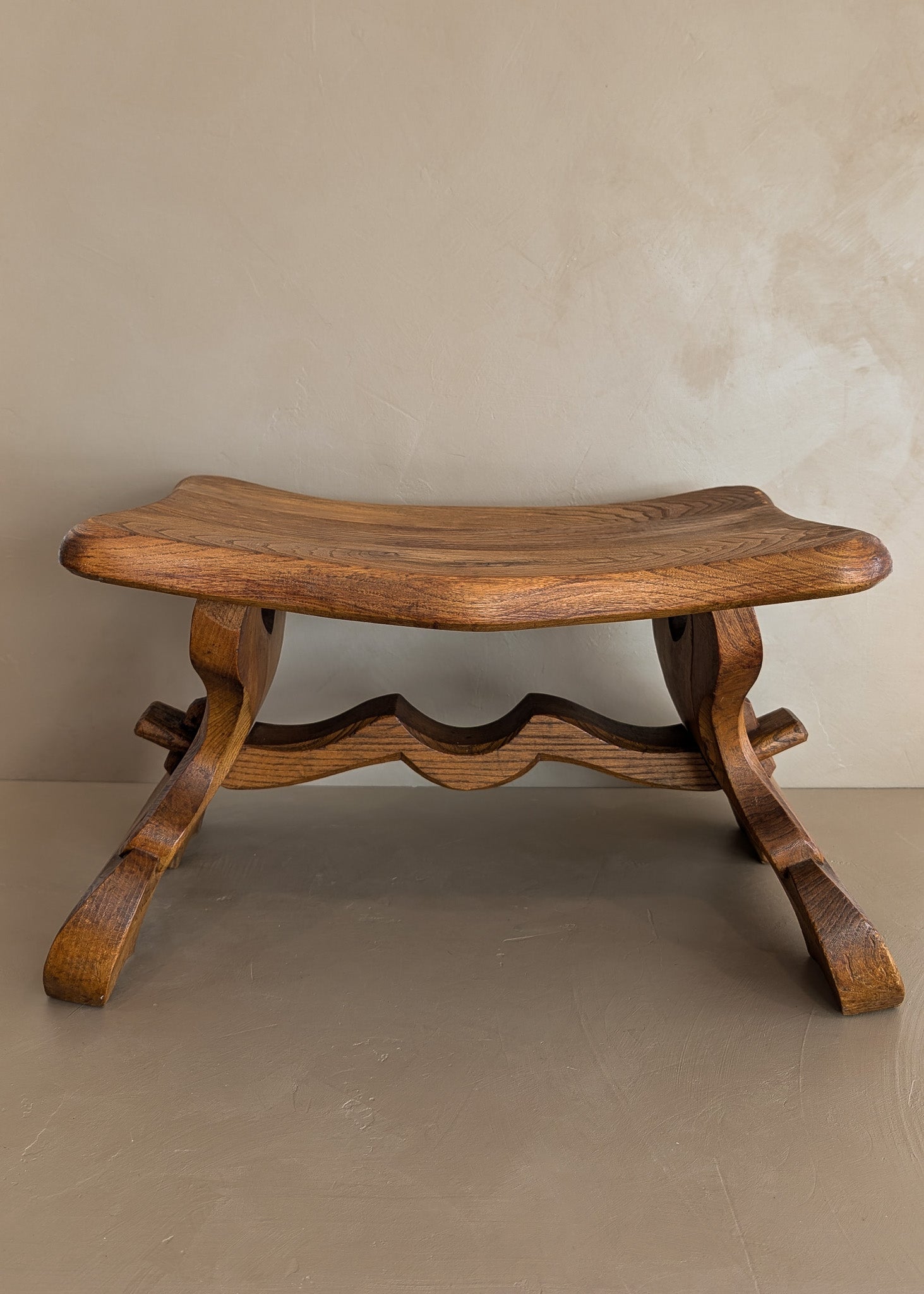 Unique Vintage Hand-carved Wooden Oak Ottoman/Stool with Scroll Detailing