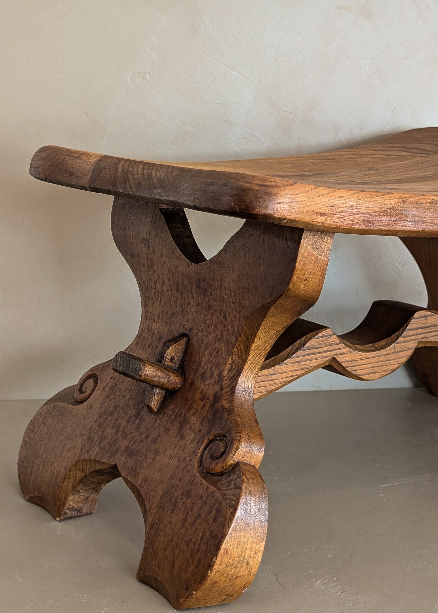 Unique Vintage Hand-carved Wooden Oak Ottoman/Stool with Scroll Detailing