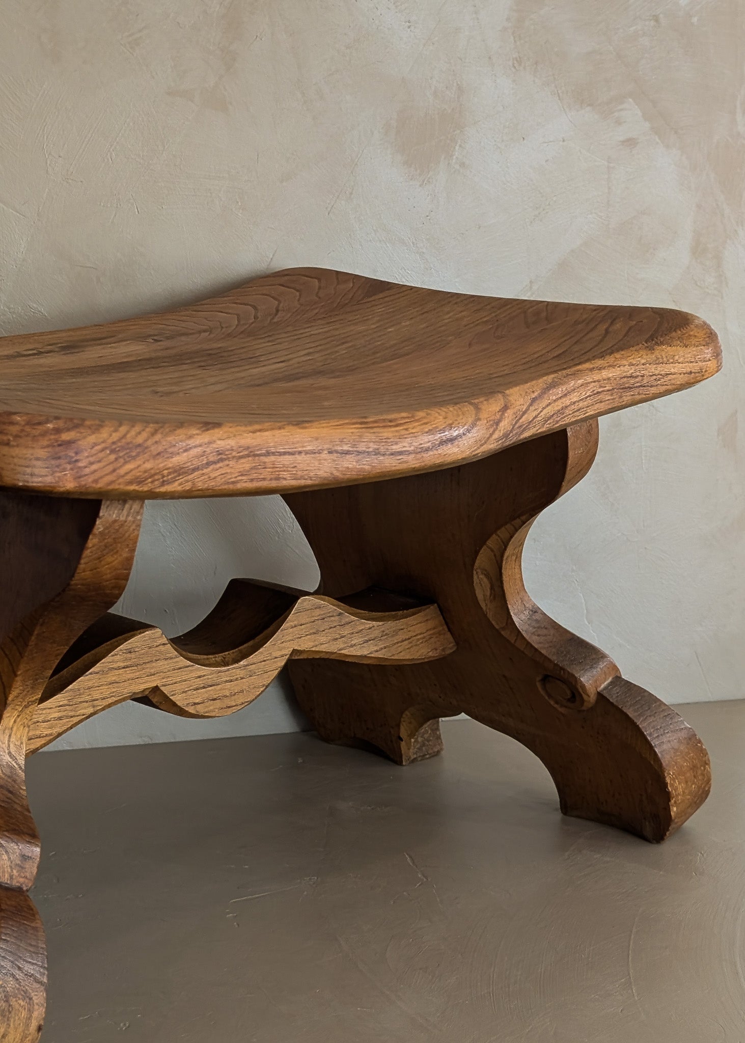 Unique Vintage Hand-carved Wooden Oak Ottoman/Stool with Scroll Detailing