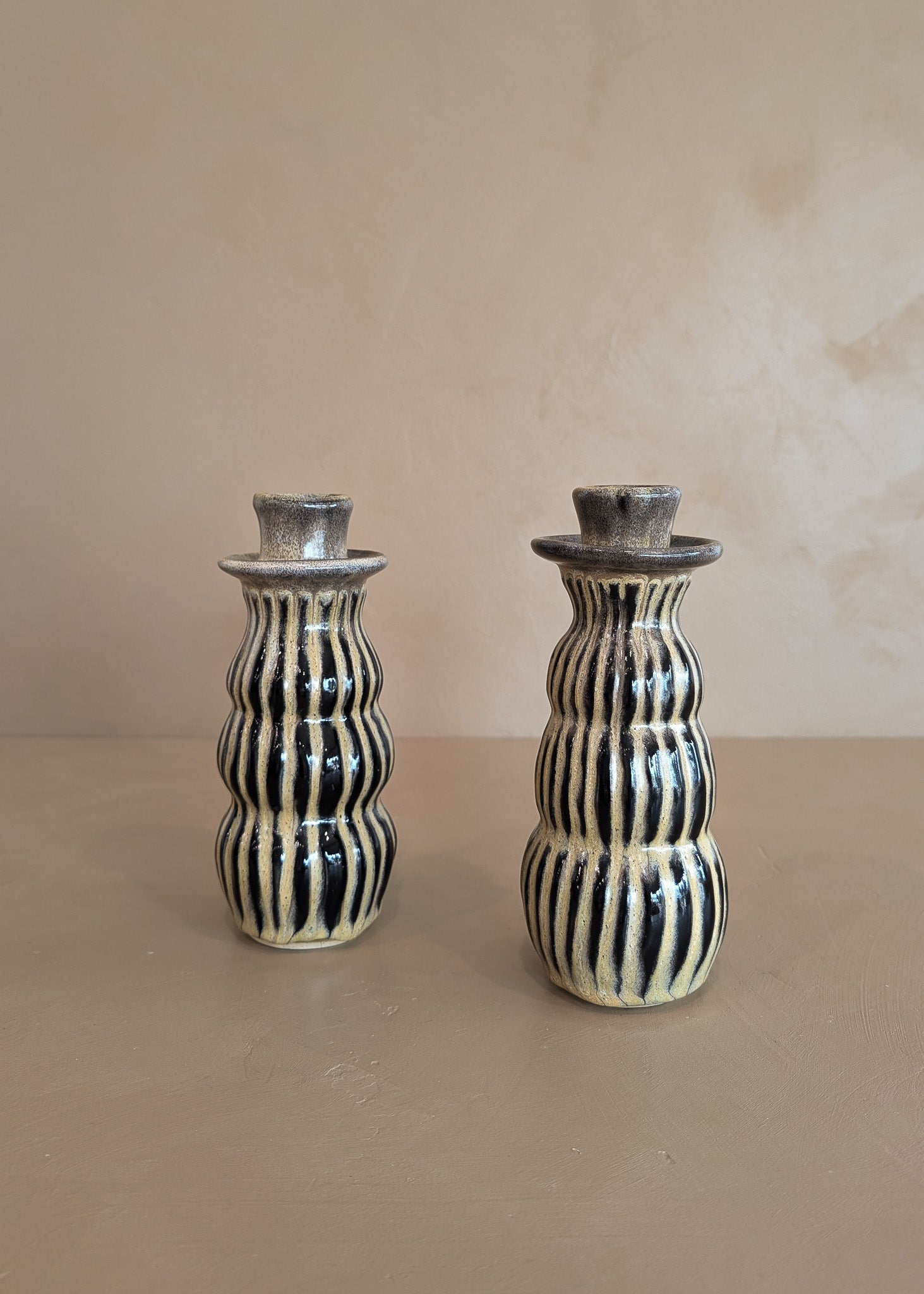 Pair of Studio Pottery Striped Candlesticks