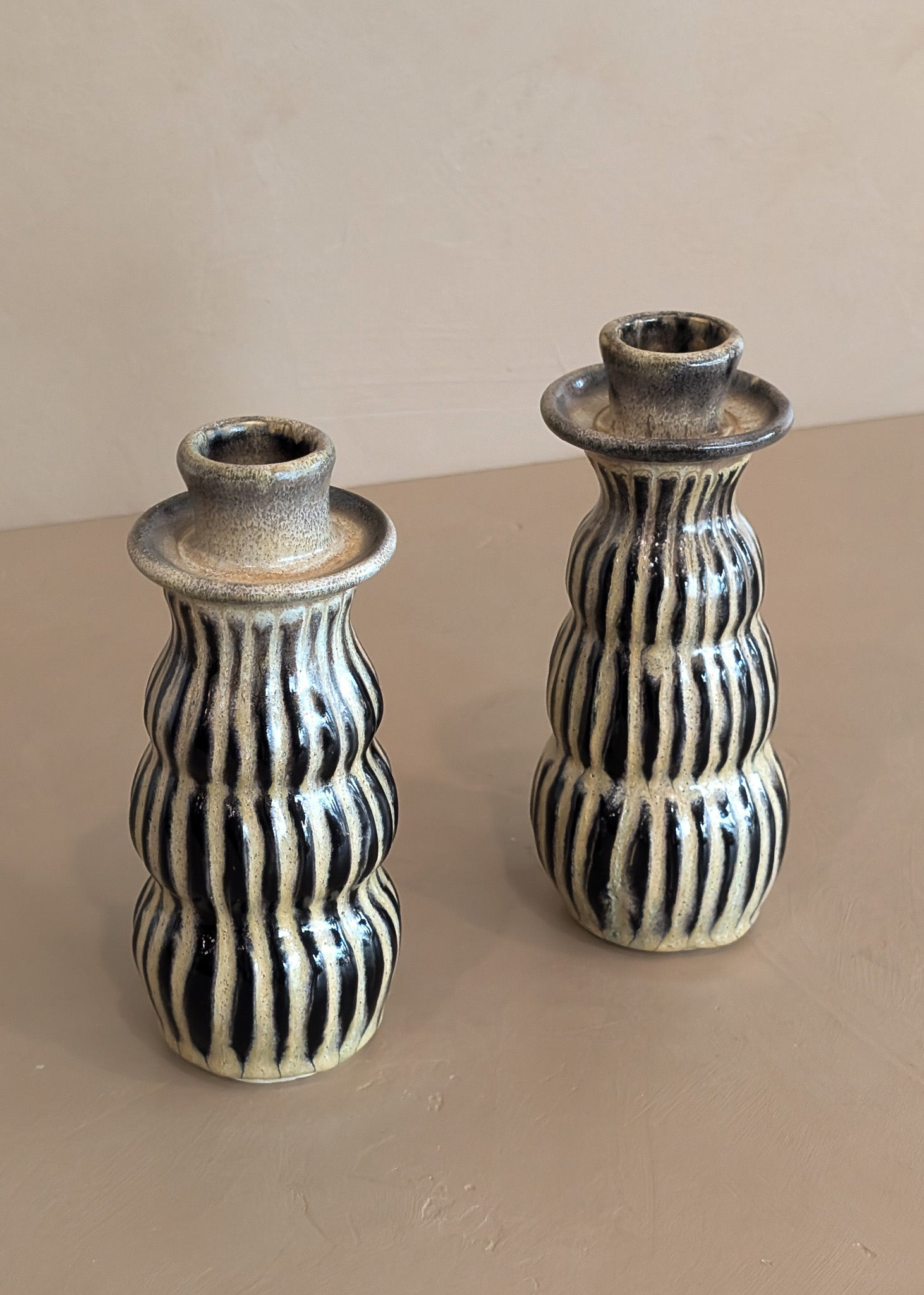 Pair of Studio Pottery Striped Candlesticks